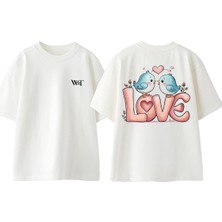 Love Mavi Kuş Tasarım Sırt Baskılı Pamuk Beyaz Oversize T-Shirt