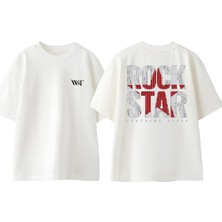 Rock Star Tasarım Sırt Baskılı Pamuk Beyaz Oversize T-Shirt