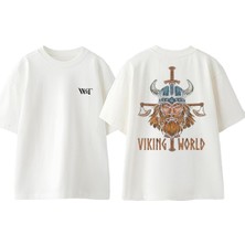 Relive The Viking World Tasarım Sırt Baskılı Pamuk Beyaz Oversize T-Shirt