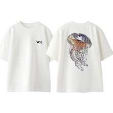 Renkli Deniz Anasi Tasarım Sırt Baskılı Pamuk Beyaz Oversize T-Shirt
