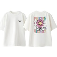 Positive Vitality Tasarım Sırt Baskılı Pamuk Beyaz Oversize T-Shirt