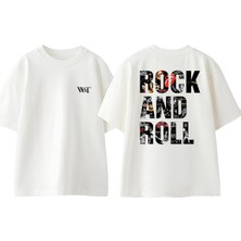 Rock Is Life Rock And Roll Tasarım Sırt Baskılı Pamuk Beyaz Oversize T-Shirt