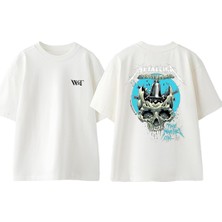 Metallica Marches On Tasarım Sırt Baskılı Pamuk Beyaz Oversize T-Shirt