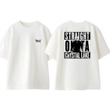 Straıght Outta Crystal Lake Tasarım Sırt Baskılı Pamuk Beyaz Oversize T-Shirt