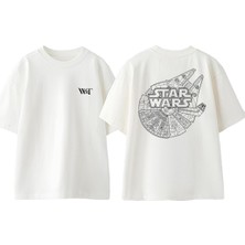 Star Wars Uzay Gemisi Tasarım Sırt Baskılı Pamuk Beyaz Oversize T-Shirt