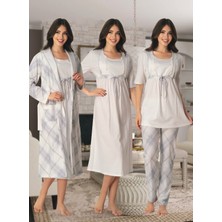 Dvina Effortt Lohusa 4'lü Set - Sabahlık/pijama Takımı/gecelik Ekru-Mavi - 8046