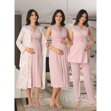 Dvina Effortt Lohusa 4'lü Set - Sabahlık/pijama Takımı/gecelik Pudra - 8036
