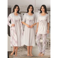 Dvina Effortt Lohusa 4'lü Set - Sabahlık/pijama Takımı/gecelik Ekru-Pembe - 8046