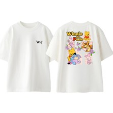 Winnie The Pooh Karakterler Tasarım Sırt Baskılı Pamuk Beyaz Oversize T-Shirt