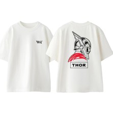 Thor Çizim Tasarım Sırt Baskılı Pamuk Beyaz Oversize T-Shirt