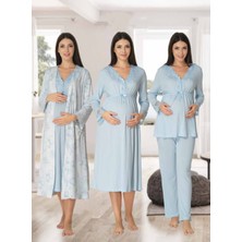 Dvina Effortt Lohusa 4'lü Set - Sabahlık/pijama Takımı/gecelik Mavi - 8096