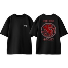 Mother Of Cat Tasarım Sırt Baskılı Pamuk Siyah Oversize T-Shirt