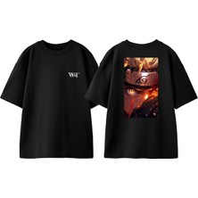 Naruto Fire Eyes Tasarım Sırt Baskılı Pamuk Siyah Oversize T-Shirt