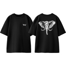 Fil Kafasi Tasarım Sırt Baskılı Pamuk Siyah Oversize T-Shirt