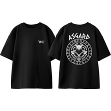 Viking Asgard Tasarım Sırt Baskılı Pamuk Siyah Oversize T-Shirt