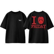 I Friday Tasarım Sırt Baskılı Pamuk Siyah Oversize T-Shirt