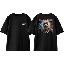 Iron Maiden Skull Head Tasarım Sırt Baskılı Pamuk Siyah Oversize T-Shirt