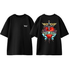Bon Jovi Kalp Tasarım Sırt Baskılı Pamuk Siyah Oversize T-Shirt