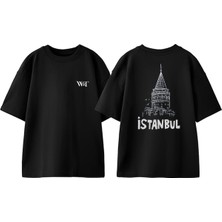 Istanbul Galata Tower Tasarım Sırt Baskılı Pamuk Siyah Oversize T-Shirt