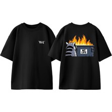 Raccoon My Life Tasarım Sırt Baskılı Pamuk Siyah Oversize T-Shirt