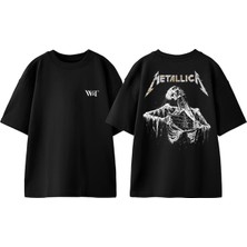 Metallica Rock N Roll Tasarım Sırt Baskılı Pamuk Siyah Oversize T-Shirt