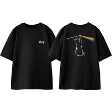 Lustige Katze Rock Tasarım Sırt Baskılı Pamuk Siyah Oversize T-Shirt