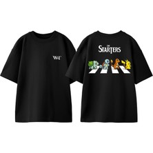 Pokemon The Starters Tasarım Sırt Baskılı Pamuk Siyah Oversize T-Shirt