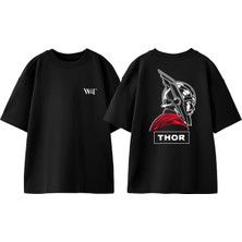 Thor Çizim Tasarım Sırt Baskılı Pamuk Siyah Oversize T-Shirt