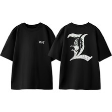 L Death Note Light Tasarım Sırt Baskılı Pamuk Siyah Oversize T-Shirt