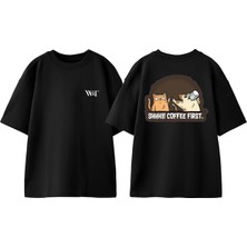 Shhh Coffee First Tasarım Sırt Baskılı Pamuk Siyah Oversize T-Shirt
