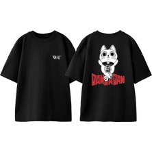 Dandadan Kedi Tasarım Sırt Baskılı Pamuk Siyah Oversize T-Shirt
