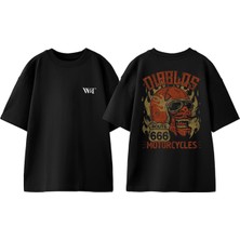 Diablos Motorcycles Tasarım Sırt Baskılı Pamuk Siyah Oversize T-Shirt