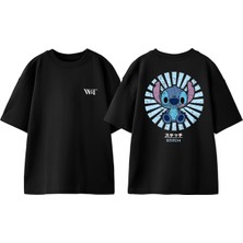 Stitch Retro Vintage Tasarım Sırt Baskılı Pamuk Siyah Oversize T-Shirt