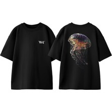 Renkli Deniz Anasi Tasarım Sırt Baskılı Pamuk Siyah Oversize T-Shirt