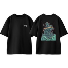 Metallica Green Skull Tasarım Sırt Baskılı Pamuk Siyah Oversize T-Shirt