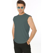 Erkek Petrol Yeşili Bisiklet Yaka Tank Sıfır Kol Atlet %100 Pamuk T-Shirt