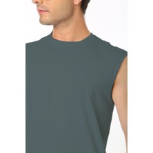 Erkek Petrol Yeşili Bisiklet Yaka Tank Sıfır Kol Atlet %100 Pamuk T-Shirt
