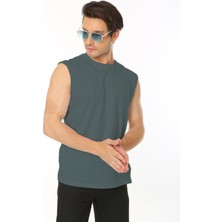 Erkek Petrol Yeşili Bisiklet Yaka Tank Sıfır Kol Atlet %100 Pamuk T-Shirt