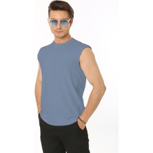 Erkek Açık Indigo Bisiklet Yaka Tank Sıfır Kol Atlet %100 Pamuk T-Shirt