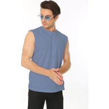 Erkek Açık Indigo Bisiklet Yaka Tank Sıfır Kol Atlet %100 Pamuk T-Shirt