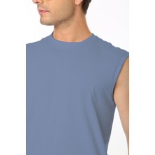 Erkek Açık Indigo Bisiklet Yaka Tank Sıfır Kol Atlet %100 Pamuk T-Shirt