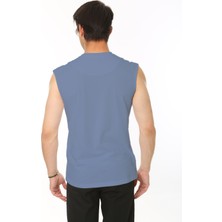 Erkek Açık Indigo Bisiklet Yaka Tank Sıfır Kol Atlet %100 Pamuk T-Shirt