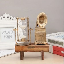 Luxury Ahşap Antika Tasarımlı Dekoratif Gold Renk Gramofon ve Kum Saati Dekorasyon Ev Ofis Hediyelik Eşya 1 Adet