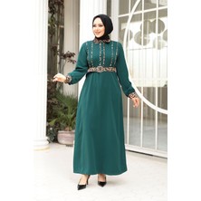 Leopar Detaylı Zümrüt Yeşili Tesettür Elbise 10246ZY