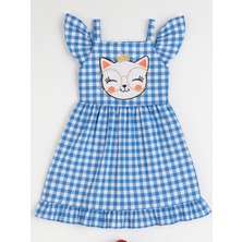 Mavi Ekoseli Fırfırlı Elbise