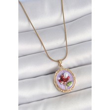 316L Çelik Gold Renk Zincir Mor Mineli Incili Çiçek Işlemeli Portre Model Kadın Kolye