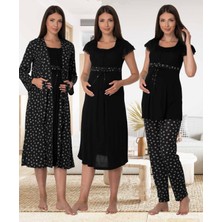 Dvina Effortt Lohusa 4'lü Set - Sabahlık/pijama Takımı/gecelik Siyah - 6016