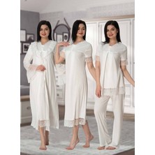 Dvina Effortt Lohusa 4'lü Set - Sabahlık/pijama Takımı/gecelik Ekru - 5046
