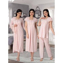 Dvina Effortt Lohusa 4'lü Set - Sabahlık/pijama Takımı/gecelik Pudra - 5015