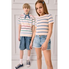 DeFacto Cropped Fit Bisiklet Yaka Çizgili Kısa Kollu Triko Kazak Kız Çocuk E4293A825SM